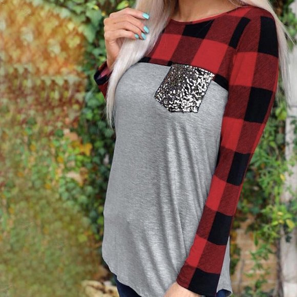 Red & Black Buffalo Check Plaid Gray Shirt Sequins - Picture 3 of 4